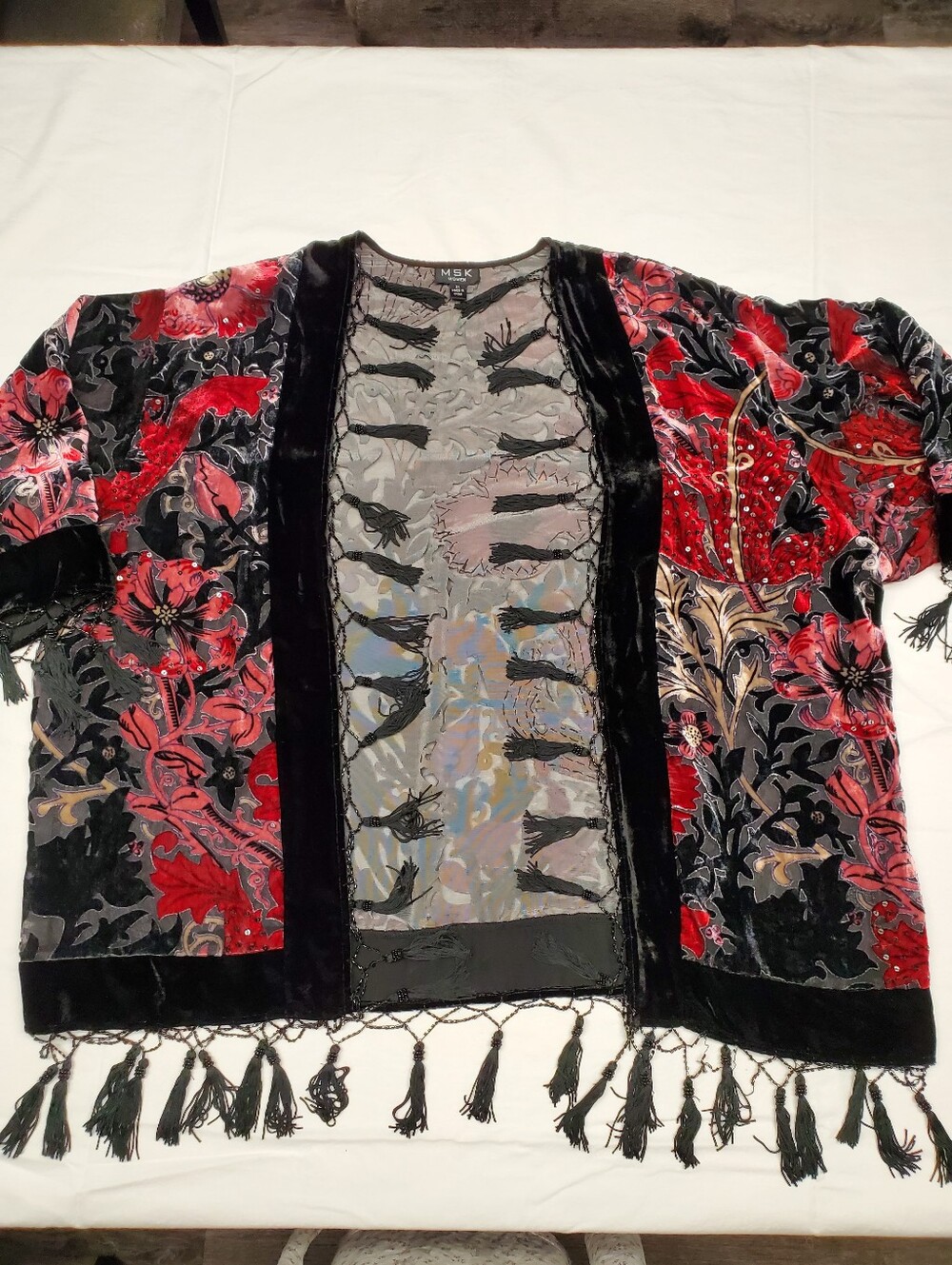 MSK Women's 2X Black Velvet Burnout Fringe Kimono Jacket Beaded Tassels